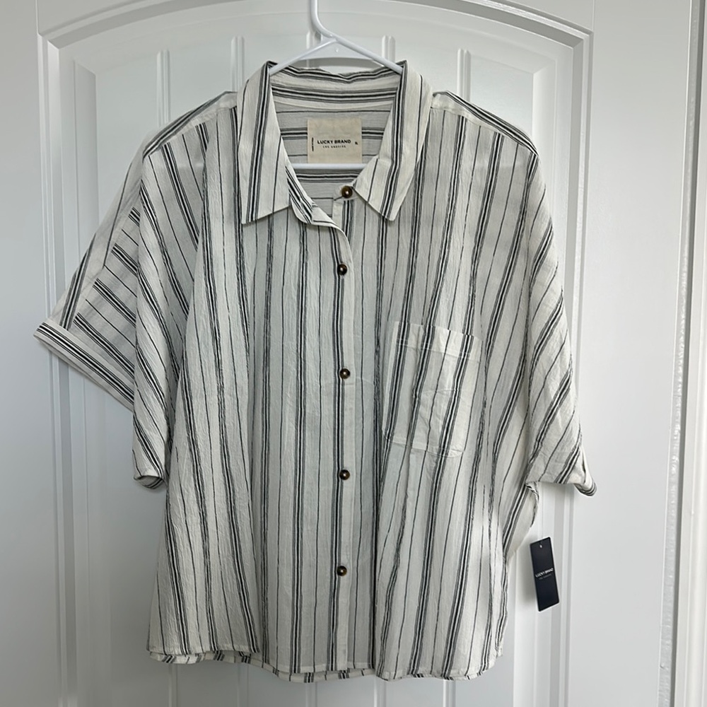 Lucky Brand Distressed Black and Off White Button Down Shirt - NWT